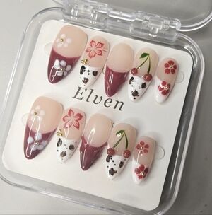 Elven Floral and Cow Print Cherry Handnade Press-On Nails Almond Shape